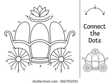 Vector dot-to-dot and color activity with cute carriage. Magic kingdom connect the dots game for children with king transport. Fairy tale coloring page for kids. Printable worksheet