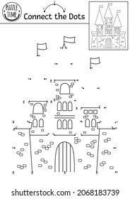 Vector Dot-to-dot And Color Activity With Cute Castle. Magic Kingdom Connect The Dots Game For Children With King House. Fairy Tale Coloring Page For Kids. Printable Worksheet