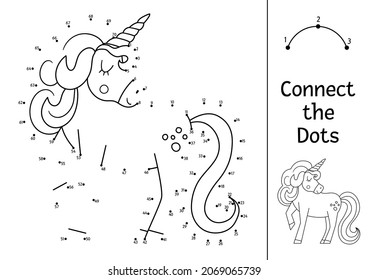 Vector dot-to-dot and color activity with cute unicorn. Magic kingdom connect the dots game for children with fantasy creature. Fairy tale coloring page for kids. Printable worksheet
