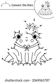 Vector dot-to-dot and color activity with cute frog prince. Magic kingdom connect the dots game for children with fantasy creature. Fairy tale coloring page for kids. Printable worksheet