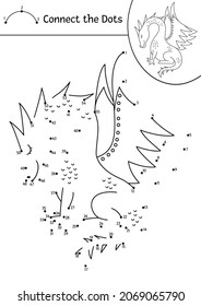 Vector Dot-to-dot And Color Activity With Cute Dragon. Magic Kingdom Connect The Dots Game For Children With Fantasy Creature. Fairy Tale Coloring Page For Kids. Printable Worksheet