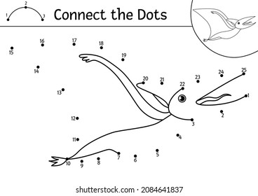 Vector dot-to-dot and color activity with cute flying pterodactyl dinosaur. Prehistoric connect the dots game for children. Funny math coloring page for kids with dino
