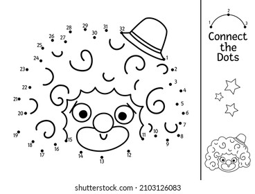 Vector dot-to-dot and color activity with cute clown face. Circus connect the dots game for children with funny artist. Amusement show coloring page for kids. Printable worksheet
