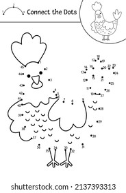 Vector dot-to-dot and color activity with cute hen. On the farm connect the dots game for children with funny farm bird. Rural country coloring page for kids. Printable worksheet
