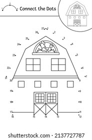 Vector dot-to-dot and color activity with cute barn house. On the farm connect the dots game for children with funny shed. Rural country coloring page for kids. Printable worksheet
