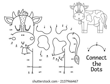 Vector dot-to-dot and color activity with cute cow. On the farm connect the dots game for children with funny farm animal. Rural country coloring page for kids. Printable worksheet
