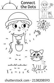 Vector dot-to-dot and color activity with cute farmer and cat. On the farm connect the dots game for children with funny boy. Rural country coloring page for kids. Printable worksheet
