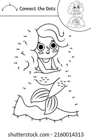 Vector dot-to-dot and color activity with cute mermaid. Treasure island connect the dots game for children with girl. Sea adventures coloring page for kids. Printable worksheet with numbers
