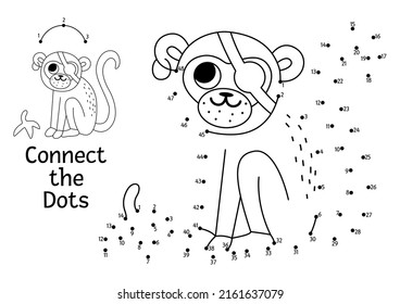 Vector dot-to-dot and color activity with cute pirate monkey. Treasure island connect the dots game with funny animal. Sea adventures coloring page for kids. Printable worksheet with numbers
