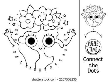 Vector Dot-to-dot And Color Activity With Cute Planet. Ecological Connect The Dots Game For Children With Funny Earth. Eco Awareness Coloring Page For Kids. Printable Worksheet With Numbers
