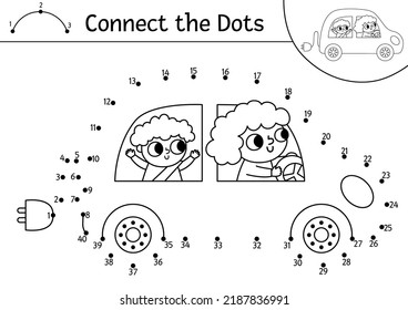 Vector dot-to-dot and color activity with cute electro car. Ecological connect the dots game for children. Eco awareness coloring page for kids. Printable worksheet with numbers
