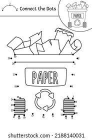 Actividad vectorial punto a punto y color con contenedor de desechos lindo con basura de papel. La ecología conecta el juego de puntos. Página de coloración de conciencia ecológica para niños. Hoja de cálculo impresa con números
