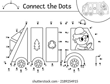 Vector dot-to-dot and color activity with cute garbage truck. Ecological connect the dots game for children. Eco awareness coloring page for kids. Printable worksheet with numbers
