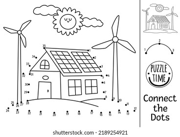 Vector dot-to-dot and color activity with cute eco house and wind turbines. Ecological connect the dots game for children. Eco awareness coloring page for kids. Printable worksheet with numbers
