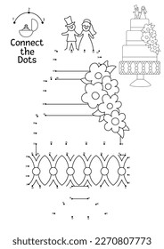 Vector dot-to-dot and color activity with cute wedding cake decorated with flowers, bride and groom. Marriage ceremony connect the dots game or coloring page for kids with classic dessert
