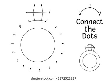 Vector dot-to-dot and color activity with cute wedding ring. Connect the dots game for children bride and groom accessory. Marriage ceremony coloring page for kids with jewelry
