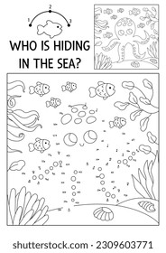 Vector dot-to-dot and color activity with cute octopus hidden in landscape. Under the sea connect the dots game for children with funny water animal. Ocean life coloring page for kids with fish
