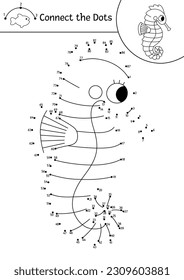 Vector dot-to-dot and color activity with cute seahorse. Under the sea connect the dots game for children with funny water animal. Ocean life coloring page for kids. Printable worksheet
