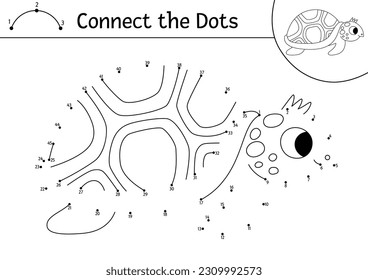 Vector dot-to-dot and color activity with cute tortoise. Under the sea connect the dots game for children with funny water animal. Ocean life coloring page for kids. Printable worksheet 
