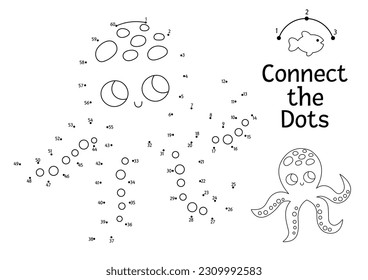 Vector dot-to-dot and color activity with cute octopus. Under the sea connect the dots game for children with funny water animal. Ocean life coloring page for kids. Printable worksheet
