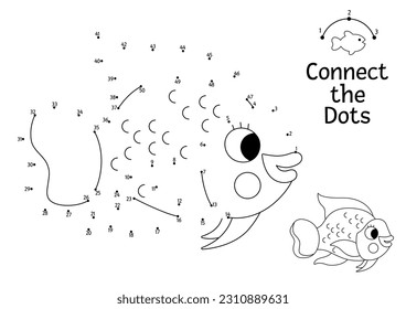 Vector dot-to-dot and color activity with cute parrotfish. Under the sea connect the dots game for children with funny water animal. Ocean life coloring page for kids. Printable worksheet 
