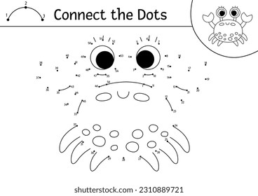 Vector dot-to-dot and color activity with cute crab. Under the sea connect the dots game for children with funny water animal. Ocean life coloring page for kids. Printable worksheet
