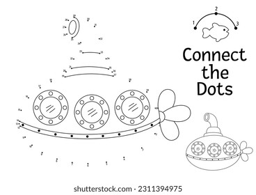 Vector dot-to-dot and color activity with cute submarine. Under the sea connect the dots game for children with funny boat. Ocean life coloring page for kids. Printable worksheet
