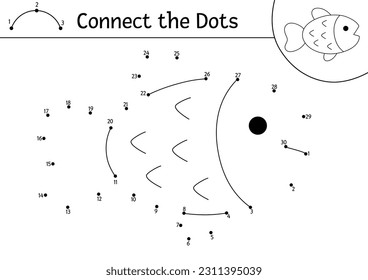 Vector dot-to-dot and color activity with cute fish. Under the sea connect the dots game for children with funny water animal. Ocean life coloring page for kids. Printable worksheet
