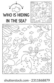 Vector dot  to  dot   color activity and cute hermit crab hidden in landscape  Under the sea connect the dots game for children and funny water animal  Ocean life coloring page for kids

