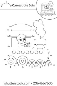 Vector punto a punto y actividad de color con un trenecito de vapor lindo y conductor. El transporte conecta el juego de puntos para niños con un motor divertido. Página de coloreado de transporte para niños. Hoja de cálculo imprimible
