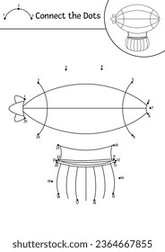 Vector dot-to-dot and color activity with cute zeppelin. Transportation connect the dots game for children with funny airship. Air transport coloring page for kids. Printable worksheet
