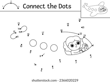 Vector dot-to-dot and color activity with cute girl flying plane. Transportation connect the dots game for children with funny airplane. Air transport coloring page for kids. Printable worksheet
