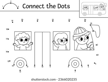 Vector dot-to-dot and color activity with cute bus, driver and passengers. Transportation connect the dots game for children with funny car. Transport coloring page for kids. Printable worksheet
