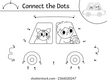 Vector dot-to-dot and color activity with cute car, driver and passenger cat. Transportation connect the dots game for children with funny auto. Transport coloring page for kids. Printable worksheet
