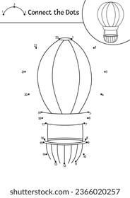 Vector dot-to-dot and color activity with cute hot air balloon. Transportation connect the dots game for children with funny airship. Air transport coloring page for kids. Printable worksheet
