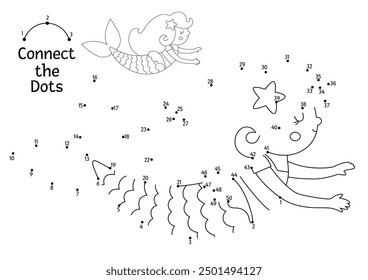 Vector dot-to-dot and color activity with cute swimming mermaid. Ocean kingdom connect the dots game with sea princess. Marine coloring page for kids. Underwater printable worksheet
