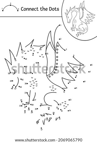 Vector dot-to-dot and color activity with cute dragon. Magic kingdom connect the dots game for children with fantasy creature. Fairy tale coloring page for kids. Printable worksheet