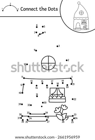 Vector dot-to-dot and color activity with dwarf house. Fantasy forest connect the dots game with cute gnome home. Magic woods coloring page for kids. Printable worksheet with fairytale cottage
