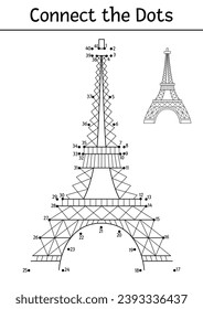 Vector dot-to-dot and color activity with Eiffel Tower. France themed connect the dots game for children with main Paris landmark. French coloring page for kids. Printable worksheet
