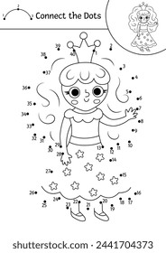 Vector dot-to-dot and color activity with fairy princess. Fairytale connect the dots game for children with cute fantasy girl with crown. Magic world coloring page for kids. Printable worksheet
