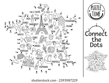 Vector dot-to-dot and color activity with French map, cities, landmarks, symbols. France themed connect the dots game for children. French coloring page for kids. Printable worksheet
