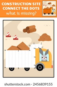 Vector dot-to-dot and color activity with loaded truck, colored construction site scene. Building works connect the dots game for children with industrial vehicle. What is missing printable worksheet
