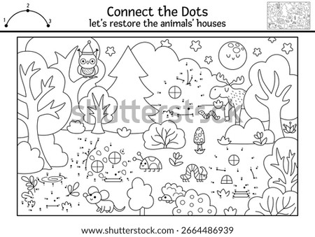 Vector dot-to-dot and color activity with night forest scene with insects and their houses. Connect the dots game with woodland landscape. Printable coloring page for kids. Restore animal homes
