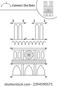 Vector dot-to-dot and color activity with Notre Dame de Paris cathedral. France themed connect the dots game for children with landmark. French coloring page for kids. Printable worksheet

