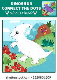 Vector dot-to-dot and color activity with parasaurolophus, colored prehistoric scene. Dinosaur connect the dots game for children with cute ancient animal. What is missing printable worksheet
