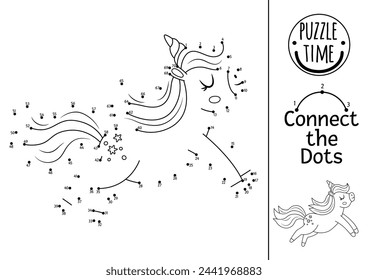 Vector dot-to-dot and color activity with running unicorn. Fairytale connect the dots game for children with cute fantasy animal. Magic world coloring page for kids. Printable worksheet
