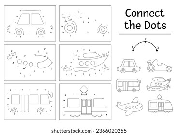 Vector dot-to-dot and color activity set with cute car, boat, plane, bus, tram. Transportation connect the dots games collection for children. Transport coloring page for kids. Printable worksheet
