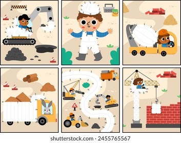 Vector dot-to-dot and color activity set with colored construction site scene. Building works connect dots games collection for children with industrial vehicle. What is missing printable worksheet