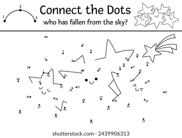 Vector dot-to-dot and color activity with smiling falling stars. Fairytale connect the dots game for children with cute fantasy planets. Magic world coloring page for kids. Printable worksheet
