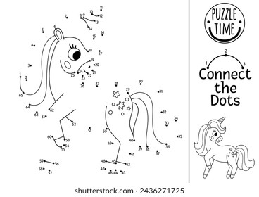 Vector dot-to-dot and color activity with unicorn. Fairytale connect the dots game for children with cute fantasy animal. Magic world coloring page for kids. Printable worksheet
